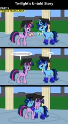 Size: 1920x3516 | Tagged: safe, artist:platinumdrop, derpibooru import, twilight sparkle, oc, oc:blue thunder, comic:twilight's untold story, g4, 3 panel comic, comic, commission, dialogue, eyes closed, female, graduation cap, happy, hat, hug, image, magic, male, png, smiling, speech bubble, talking, telekinesis