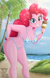 Size: 1995x3100 | Tagged: safe, artist:theretroart88, derpibooru import, pinkie pie, human, equestria girls, g4, beach, belly button, big breasts, bikini, blushing, breasts, chubby, cleavage, clothes, coconut, food, hand on hip, hanging breasts, ice cream, ice cream cone, image, leaning, looking at you, palm tree, pinup, png, smiling, smiling at you, sparkles, stupid sexy pinkie, swimsuit, thighs, thunder thighs, tree