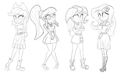Size: 2190x1344 | Tagged: safe, artist:calmbreezes, derpibooru import, applejack, fluttershy, sci-twi, sunset shimmer, twilight sparkle, human, equestria girls, g4, breasts, busty fluttershy, crossed arms, image, looking down, monochrome, png, sketch