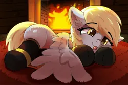 Size: 2432x1619 | Tagged: safe, artist:sirbreadstick99, derpibooru import, derpy hooves, pegasus, pony, g4, :p, clothes, cute, derpibooru exclusive, ear fluff, eye clipping through hair, female, females only, fire, fireplace, golden eyes, gray coat, image, jpeg, lying down, rug, socks, solo, spread wings, sweet dreams fuel, tongue out, wings, yellow mane