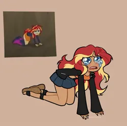 Size: 808x801 | Tagged: safe, artist:timelessclownry, derpibooru import, sunset shimmer, human, equestria girls, g4, alternate hairstyle, beige background, boots, clothes, crying, feet, female, high heel boots, humanized, image, jacket, jpeg, kneeling, leather, leather jacket, my little pony equestria girls, open mouth, sad, sandals, scene interpretation, screencap reference, shoes, short shirt, simple background, skirt, solo