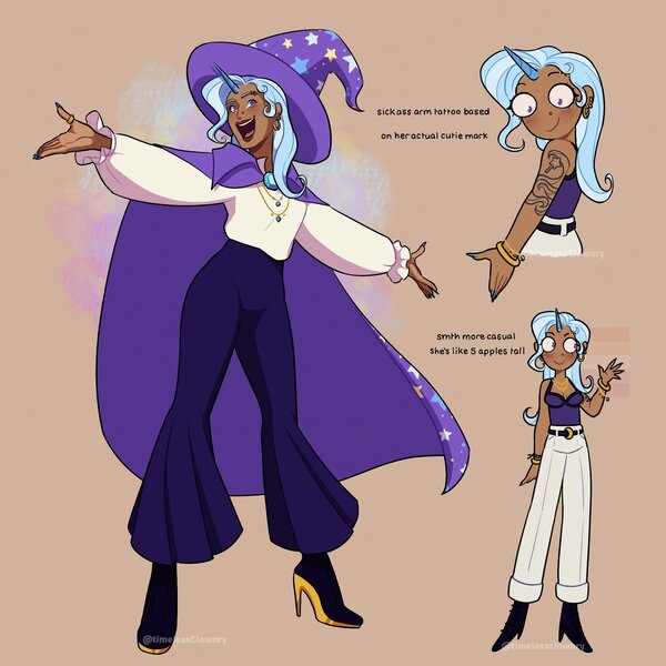 Size: 2048x2048 | Tagged: safe, artist:timelessclownry, derpibooru import, trixie, human, g4, alternate hairstyle, beige background, belt, boots, bracelet, cape, clothes, cute, dark skin, diatrixes, ear piercing, earring, eyebrow piercing, eyeshadow, female, hat, headcanon, high heel boots, horn, horned humanization, humanized, image, jewelry, jpeg, magic, makeup, nail polish, necklace, nose piercing, open mouth, pants, piercing, reference sheet, ring, shirt, shoes, simple background, solo, tanktop, tattoo, trixie's cape, trixie's hat, waving