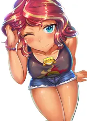 Size: 1000x1400 | Tagged: suggestive, artist:tzc, derpibooru import, ray, sunset shimmer, gecko, human, leopard gecko, lizard, equestria girls, g4, adorasexy, anime, between breasts, big breasts, blushing, breasts, busty sunset shimmer, clothes, cute, cutie mark, cutie mark on clothes, denim, denim shorts, female, humanized, image, leaning forward, looking at you, lucky, one eye closed, png, ray snuggling in sunset's cleavage, raybetes, sexy, shorts, simple background, smiling, solo, solo female, stupid sexy sunset shimmer, sultry pose, sweat, tanktop, thighs, white background, wink, winking at you