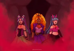 Size: 2048x1418 | Tagged: safe, artist:timelessclownry, derpibooru import, adagio dazzle, aria blaze, sonata dusk, equestria girls, g4, alternate hairstyle, bedroom eyes, belt, bow, bra, bracelet, breasts, clothes, collar, dark skin, dress, ear piercing, earring, evil grin, eyeshadow, female, fingerless gloves, gem, gloves, grin, hair bow, image, jewelry, jpeg, lipstick, makeup, my little pony equestria girls: rainbow rocks, open mouth, piercing, rainbow rocks 10th anniversary, short shirt, siren gem, skirt, smiling, spiked wristband, the dazzlings, trio, trio female, underwear, wristband