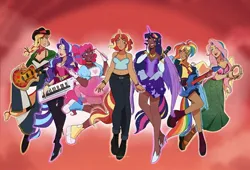 Size: 2048x1391 | Tagged: safe, artist:timelessclownry, derpibooru import, applejack, fluttershy, pinkie pie, rainbow dash, rarity, sunset shimmer, twilight sparkle, human, equestria girls, g4, alicorn humanization, bandana, bass guitar, belt, boots, bracelet, breasts, clothes, cowboy boots, cowboy hat, dark skin, denim, dress, drumsticks, ear piercing, earring, elf ears, eyeshadow, feet, female, fingerless gloves, gloves, grin, guitar, hat, high heel boots, high heels, horn, horned humanization, humanized, image, jacket, jeans, jewelry, jpeg, keytar, leather, leather jacket, lipstick, makeup, mane six, microphone, midriff, musical instrument, my little pony equestria girls: rainbow rocks, nail polish, necktie, open mouth, pants, piercing, regalia, sandals, shirt, shoes, skirt, smiling, socks, stockings, tambourine, tanktop, the rainbooms, thigh highs, wall of tags, winged humanization, wings