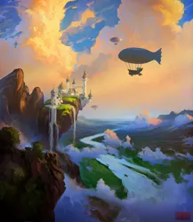 Size: 2609x3000 | Tagged: safe, artist:rhads, derpibooru import, g4, airship, canterlot, canterlot castle, castle, cliff, cloud, crag, flying, image, jpeg, no pony, river, scenery, scenery porn, sky, water, waterfall, zeppelin