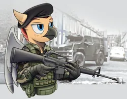 Size: 3529x2746 | Tagged: safe, artist:buckweiser, ponerpics import, ponybooru import, oc, oc:manfred pferdefeder, oc:red, unofficial characters only, hippogriff, armalite rifle, armored car, assault rifle, beret, eared griffon, gun, hat, hippogriff oc, image, irish republican army, m16, m16a2, military uniform, png, real life background, rifle, solo, talons, weapon