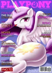 Size: 2480x3507 | Tagged: suggestive, artist:pshyzomancer, derpibooru import, princess celestia, alicorn, pony, princess molestia, g4, big sexy, butt, female, image, implied fleetfoot, implied mayor mare, implied sunset shimmer, implied twilight sparkle, jpeg, looking at you, mare, playboy, playpony, plot, solo, sunbutt, tongue out