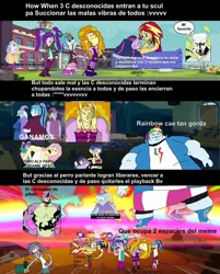 Size: 1080x1346 | Tagged: artist needed, safe, derpibooru import, adagio dazzle, applejack, aria blaze, flash sentry, fluttershy, pinkie pie, princess celestia, rainbow dash, rarity, sonata dusk, spike, sunset shimmer, twilight sparkle, equestria girls, g4, curi, curimomo, image, jpeg, mane six, meme, my little pony equestria girls: rainbow rocks, principal celestia, spanish, the dazzlings