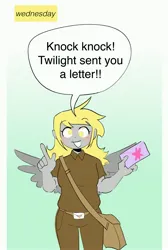 Size: 2680x4000 | Tagged: safe, artist:stevetwisp, derpibooru import, derpy hooves, human, comic:bugmuffins, g4, bag, dialogue, female, humanized, image, jpeg, letter, mailbag, pony coloring, solo, speech bubble, winged humanization, wings