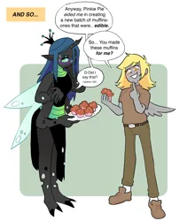 Size: 2000x2366 | Tagged: safe, artist:stevetwisp, derpibooru import, derpy hooves, queen chrysalis, anthro, changeling, changeling queen, human, comic:bugmuffins, g4, blushing, derpalis, dialogue, duo, female, food, four arms, humanized, image, jpeg, lesbian, muffin, multiple arms, passepartout, plate, pony coloring, shipping, speech bubble, sweat, winged humanization, wings