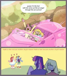 Size: 2700x3047 | Tagged: safe, artist:stevetwisp, derpibooru import, derpy hooves, pinkie pie, rainbow dash, twilight sparkle, human, comic:bugmuffins, g4, blushing, car, comic, convertible, distracted boyfriend meme, driving, female, floating heart, heart, horn, horned humanization, humanized, image, jpeg, lesbian, meme, pinkiedash, pony coloring, ship:twerpy, shipping, winged humanization, wings