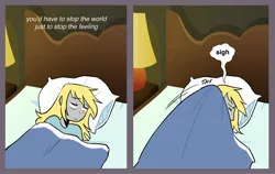 Size: 2700x1704 | Tagged: safe, artist:stevetwisp, derpibooru import, derpy hooves, human, comic:bugmuffins, g4, bed, comic, derp, female, humanized, image, jpeg, pony coloring, sigh, solo, speech bubble, unhappy