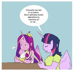 Size: 1900x1830 | Tagged: safe, artist:stevetwisp, derpibooru import, princess cadance, twilight sparkle, human, comic:bugmuffins, g4, ..., dialogue, duo, female, horn, horned humanization, humanized, image, jewelry, jpeg, pony coloring, regalia, speech bubble, winged humanization, wings