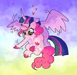 Size: 1112x1080 | Tagged: safe, artist:jemi, derpibooru import, pinkie pie, twilight sparkle, twilight sparkle (alicorn), alicorn, earth pony, pony, g4, blush scribble, blushing, carrying, colored hooves, duo, duo female, ear fluff, eyes closed, feathered wings, female, flapping wings, floppy ears, flying, full body, heart, holding a pony, hooves, horn, image, lesbian, long horn, mare, motion lines, nose blush, outdoors, pink hooves, png, pointing, shipping, sky, sky background, sparkles, sparkly eyes, spread wings, twinkie, underhoof, unshorn fetlocks, wingding eyes, wings