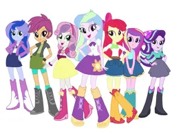 Size: 1032x774 | Tagged: safe, artist:anonymouswriter09, derpibooru import, apple bloom, princess cadance, princess celestia, princess luna, scootaloo, starlight glimmer, sweetie belle, equestria girls, g4, belt, boots, clothes, clothes swap, cowboy boots, high heel boots, image, jacket, jpeg, palette swap, recolor, shirt, shoes, simple background, skirt, socks, vest, white background