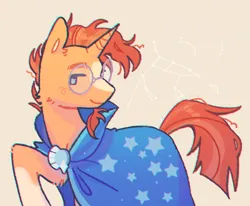 Size: 1520x1253 | Tagged: safe, artist:identitycrisps, derpibooru import, sunburst, pony, unicorn, g4, aside glance, cape, chromatic aberration, closed mouth, clothes, constellation, eyebrows, glasses, horn, image, looking at you, male, no pupils, png, raised hoof, round glasses, sideways glance, smiling, smiling at you, solo, stallion, stars, stray strand, turned head