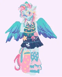Size: 1658x2048 | Tagged: safe, artist:tearyeyedanimal, derpibooru import, star catcher, pegasus, semi-anthro, g3, aside glance, band-aid on nose, bandaid, bipedal, blue wings, blush lines, blushing, clothes, decora, feathered wings, female, full body, grin, hairclip, hands behind back, heart, image, jewelry, jpeg, lavender background, leg warmers, lineless, looking at you, multicolored tail, necklace, nose blush, requested art, ribbon, sideways glance, simple background, skirt, sleeveless, smiling, smiling at you, solo, standing, stars, tail, wings