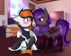 Size: 1526x1211 | Tagged: safe, artist:arllistar, derpibooru import, oc, oc:marsie moonshadow, oc:tobaccy blaze, unofficial characters only, bat pony, pony, bat pony oc, bat wings, bed, blushing, clothes, collar, commission, female, garters, image, leash, lesbian, maid, png, raised hoof, sitting, socks, stockings, striped socks, thigh highs, wings, ych result