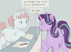 Size: 2048x1501 | Tagged: safe, artist:tearyeyedanimal, derpibooru import, nurse redheart, starlight glimmer, earth pony, pony, unicorn, g4, :d, antidepressants, bag, blush lines, blushing, chest fluff, colored hooves, counter, dialogue, duo, duo female, eye contact, female, grin, hair bun, hat, hooves, horn, image, jpeg, looking at each other, looking at someone, mare, medicine, nurse hat, open mouth, open smile, paper, paper bag, pen, pun, purple hooves, raised hoof, request, requested art, signature, smiling, smiling at each other, speech bubble, standing, teeth, unshorn fetlocks