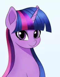 Size: 3500x4500 | Tagged: safe, artist:viaobscura, derpibooru import, twilight sparkle, unicorn, g4, bust, horn, image, looking at you, png, portrait, simple background, smiling, solo