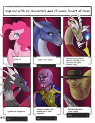 Size: 1582x2048 | Tagged: safe, artist:hyperion_draws, derpibooru import, discord, pinkie pie, draconequus, earth pony, rattlesnake, snake, g4, characters, cynder, image, jpeg, saphira, spyro the dragon (series), text, thanos