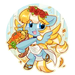 Size: 1000x1000 | Tagged: safe, artist:colorfulcolor233, derpibooru import, oc, oc:phileek, unofficial characters only, pegasus, belt, bipedal, blue eyes, blushing, clothes, collar, cute, cute little fangs, fangs, floral head wreath, flower, flower in hair, fruit, image, jpeg, pegasus oc, sandals, solo, spread wings, toga, wings, wreath