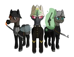 Size: 3642x2796 | Tagged: safe, artist:viaobscura, derpibooru import, oc, unofficial characters only, changeling, equestria at war mod, clothes, equestria last hope [eaw submod], flamethrower, gas mask, helmet, image, mask, military, png, trio, uniform, weapon