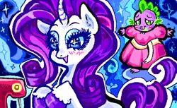 Size: 711x434 | Tagged: source needed, safe, artist:swaghettiartz, derpibooru import, rarity, spike, dragon, pony, unicorn, g4, animal jam, blushing, clothes, crossdressing, cute, digital art, dress, duo, duo male and female, female, horn, image, jpeg, male, mare, open mouth, open smile, outline, sewing machine, shipping, smiling, sparity, straight, unshorn fetlocks, white outline, wingding eyes