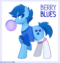 Size: 1035x1093 | Tagged: safe, artist:waffletheheadmare, derpibooru import, oc, oc:berry blues, unofficial characters only, earth pony, pony, blue fur, blue hair, blueberry, bubblegum, clothes, cutie mark, female, food, fruit, gum, image, mare, png, shirt, short hair, simple background, socks, t-shirt, text, tube socks