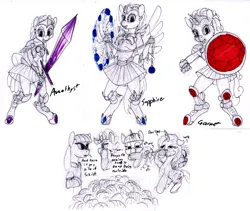 Size: 1200x1011 | Tagged: safe, artist:sepiakeys, derpibooru import, apple bloom, maud pie, pinkie pie, rarity, scootaloo, sweetie belle, twilight sparkle, anthro, unguligrade anthro, g4, bolas, cutie mark crusaders, image, older, png, shield, sword, weapon