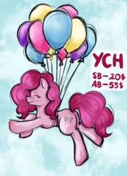 Size: 1339x1855 | Tagged: safe, artist:kirari_chan, derpibooru import, pinkie pie, earth pony, pony, g4, auction, auction open, balloon, blushing, cloud, commission, cute, cutie mark, ear blush, eyes closed, female, floating, flying, happy, image, jpeg, simple background, sketch, sky, smiling, solo, solo female, ych example, ych sketch, your character here