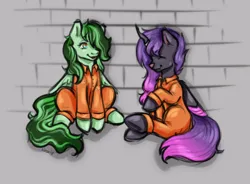 Size: 3508x2585 | Tagged: safe, artist:kirari_chan, derpibooru import, oc, oc:eden shallowleaf, oc:queen taislyis, unofficial characters only, alicorn, changeling, pegasus, pony, alicorn oc, brick wall, clothes, commission, commission open, cute, duo, eyes closed, finished commission, folded wings, giggling, happy, horn, image, laughing, looking at each other, looking at someone, pegasus oc, png, prison, prison outfit, prisoner, raised hoof, simple background, sitting, sketch, smiling, smiling at each other, wings