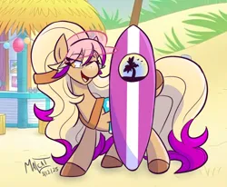 Size: 1308x1077 | Tagged: safe, artist:malcat, derpibooru import, horse, pony, bailey (wild manes), beach, clothes, eye clipping through hair, female, gradient muzzle, image, jpeg, lidded eyes, mare, open mouth, open smile, palm tree, saddle, sand, see-through, smiling, solo, surfboard, tack, tree, visor cap, wild manes