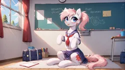 Size: 5456x3072 | Tagged: safe, generator:zoinksnoob, machine learning generated, prompter:thedaren666, stable diffusion, nurse redheart, earth pony, pony, g4, :p, bag, bowtie, chalkboard, classroom, clock, closed mouth, clothes, cloud, curtains, day, ear fluff, eyebrows, eyebrows visible through hair, eyeshadow, female, fluffy, image, looking at you, makeup, mare, png, school uniform, shirt, sitting, skirt, sky, smiling, smiling at you, solo, tongue out, window