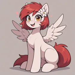 Size: 1024x1024 | Tagged: safe, machine learning generated, prompter:teaspoon, oc, oc:tiny jasmini, unofficial characters only, pegasus, pony, blushing, chest fluff, eyebrows visible through hair, female, flower, flower in hair, happy, image, looking at you, mare, open mouth, open smile, png, simple background, sitting, smiling, solo, spread wings, wings