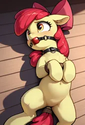 Size: 832x1216 | Tagged: suggestive, generator:illustrious, machine learning generated, prompter:vencelyon, apple bloom, pony, g4, ballgag, bdsm, bloomsub, bondage, female, floor, foal, foalcon, gag, image, png, rope, rope bondage, solo, solo female, tied up, underage