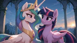 Size: 1688x944 | Tagged: safe, generator:zoinksnoob, machine learning generated, prompter:cypher, princess celestia, twilight sparkle, twilight sparkle (alicorn), alicorn, pony, g4, blushing, duo, duo female, female, females only, horn, image, jpeg, wings