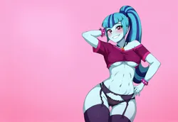 Size: 1856x1280 | Tagged: suggestive, generator:civitai, machine learning generated, sonata dusk, human, equestria girls, g4, belly, belly button, blushing, breasts, busty sonata dusk, clothes, female, garter belt, generator:pony diffusion v6 xl, hand on hip, image, jpeg, legs together, legwear, looking at you, panties, prompter:bazed, smiling, smiling at you, socks, solo, solo female, thigh highs, underboob, underwear, wallpaper, wallpaper for the fearless