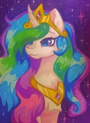 Size: 938x1280 | Tagged: safe, artist:uwushka, derpibooru import, princess celestia, alicorn, pony, g4, beautiful, bust, celestia's collar, celestia's crown, chest fluff, female, hair over one eye, happy, image, looking away, mare, multicolored mane, night, outdoors, photo, png, portrait, smiling, solo, sparkly mane, stars, traditional art