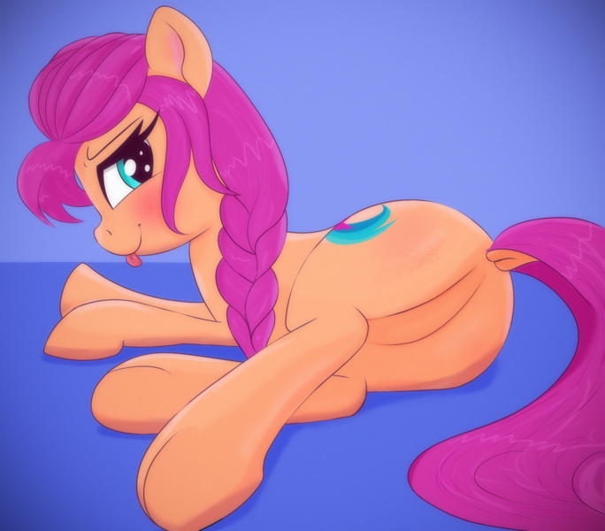 Size: 3500x3068 | Tagged: safe, alternate version, artist:psfmer, derpibooru import, sunny starscout, earth pony, pony, g5, absurd file size, blue background, blushing, braided ponytail, butt, dock, featureless crotch, female, high res, image, lying down, mare, on floor, plot, png, rear view, seductive pose, side, side eye, simple background, smiling, solo, sunny starbutt, teasing, tongue out