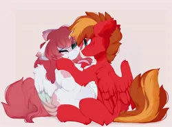 Size: 1758x1300 | Tagged: safe, artist:little-sketches, ponerpics import, oc, oc:noxori, unofficial characters only, alicorn, pegasus, pony, alicorn oc, beauty mark, blaze (coat marking), butt fluff, cheek fluff, chest fluff, coat markings, colored eartips, colored wings, colored wingtips, duo male and female, ear fluff, eye clipping through hair, eyebrows visible through hair, female, floppy ears, freckles, heart, horn, image, jpeg, leg fluff, looking at each other, male, mare, oc x oc, one eye closed, partially open wings, passepartout, pegasus oc, pegasus wings, raised hoof, red coat, red mane, red tail, shipping, sitting, smiling, splotches, stallion, touching, touching face, two toned mane, two toned tail, unicorn horn, white coat, wings