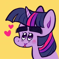 Size: 2048x2048 | Tagged: safe, artist:alexbeeza, derpibooru import, twilight sparkle, pony, unicorn, g4, big eyebrows, blushing, bust, eyebrows, female, floating heart, heart, horn, image, jpeg, looking up, mare, open mouth, open smile, portrait, simple background, smiling, solo, thick eyebrows, unicorn twilight, yellow background