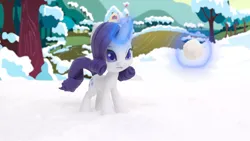 Size: 3840x2160 | Tagged: safe, derpibooru import, screencap, rarity, pony, unicorn, g4, my little pony: pony life, my little pony: stop motion short, glow, glowing horn, horn, image, levitation, magic, png, snow, snowball, solo, telekinesis