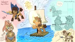 Size: 1920x1076 | Tagged: safe, artist:glitterstar2000, derpibooru import, ponified, bird, earth pony, owl, pegasus, pony, unicorn, athena, deviantart watermark, hoof hold, horn, image, mouth hold, obtrusive watermark, ocean, odysseus, png, raft, scar, spear, sword, teary eyes, the odyssey, thought bubble, water, watermark, weapon