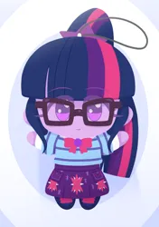 Size: 1280x1817 | Tagged: safe, artist:batipin, derpibooru import, sci-twi, twilight sparkle, human, equestria girls, g4, chibi, cute, eyebrows, eyebrows visible through hair, female, image, looking at you, plushie, png, smiling, smiling at you, solo, twiabetes