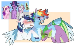 Size: 1280x805 | Tagged: safe, artist:honkhonkbonk, derpibooru import, princess cadance, rainbow dash, shining armor, spike, sweetie belle, twilight sparkle, twilight sparkle (alicorn), alicorn, dragon, pegasus, pony, unicorn, g4, adult, adult spike, alcohol, alternate design, alternate hairstyle, alternate universe, beard, blaze (coat marking), blue coat, blue eyes, blue hooves, blue mane, blue wingtips, blushing, bottle, bust, chest marking, coat markings, colored ears, colored eyebrows, colored hooves, colored horns, colored pinnae, colored wings, colored wingtips, countershading, cross-popping veins, crying, curved horn, cutie mark accessory, drunk, drunker dash, ear blush, ear fluff, ear piercing, earring, emanata, eyebrow slit, eyebrows, eyebrows visible through hair, eyelashes, eyes closed, facehoof, facial hair, facial markings, female, floppy ears, folded wings, gauges, glow, glowing horn, green eyes, green magic, green wings, hair bun, heart, heart mark, hock fluff, hoof on head, hoof on neck, hooves, horn, horn ring, horns, hug, image, jewelry, leaning forward, lesbian, magic, magic aura, male, mare, markings, multicolored eyebrows, multicolored hair, multicolored mane, nauseous, older, older spike, older sweetie belle, open mouth, open smile, piercing, png, profile, purple body, quadrupedal spike, rainbow eyebrows, rainbow hair, raised hoof, raised hooves, redesign, ring, shiningcadance, ship:shiningcadance, shipping, short hair rainbow dash, signature, slender, smiling, socks (coat marking), spikebelle, spots, stallion, sternocleidomastoid, straight, sweat, telekinesis, thin, three quarter view, three toned mane, three toned wings, tongue out, trio focus, twidash, twilight sparkle's cutie mark, two toned mane, two toned wings, unicorn horn, unshorn fetlocks, white coat, white pupils, wine, wine bottle, wing fluff, winged spike, winghug, wings