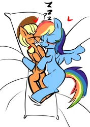 Size: 1240x1754 | Tagged: safe, artist:jully-park, derpibooru import, applejack, rainbow dash, pegasus, pony, g4, appledash, body pillow, eyes closed, female, heart, hug, image, jpeg, lesbian, mare, onomatopoeia, pillow, pillow hug, shipping, sleeping, smiling, solo, sound effects, spread wings, wings, zzz