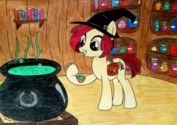 Size: 1522x1080 | Tagged: safe, artist:thaliaglacyswells, derpibooru import, oc, unnamed oc, earth pony, pony, g4, bag, book, bookshelf, bottle, cauldron, hat, hoof hold, image, jpeg, potion, saddle bag, shelf, solo, spoon, traditional art, witch hat, wood