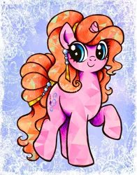 Size: 2563x3273 | Tagged: safe, artist:dariarchangel, derpibooru import, oc, oc:dazha, unofficial characters only, crystal pony, pony, unicorn, g4, abstract background, accessory, adorable face, beads, blue eyes, c:, crystal eyes, crystal pony oc, crystallized, crystallized pony, cute, cute face, cute smile, female, female oc, full body, glittery cutie mark, gold, hair accessory, hairband, horn, image, jewelry, long tail, mane accessory, mare, mare oc, ocbetes, orange hair, orange mane, orange tail, pearl, pink coat, png, pony oc, pretty, raised hoof, raised leg, small horn, smiling, solo, sparkles, standing, standing on two hooves, tail, tail accessory, traditional art, unicorn oc, wavy hair, wavy mane, wavy tail, weapons-grade cute